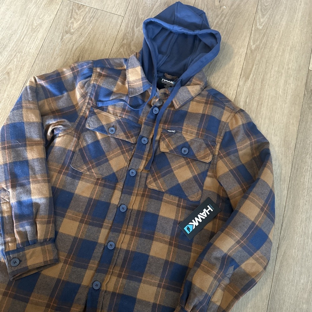 Tony Hawk Flannel Hoodie Jacket‎ Coat Men's Quilted Blue Orange Plaid Small NEW